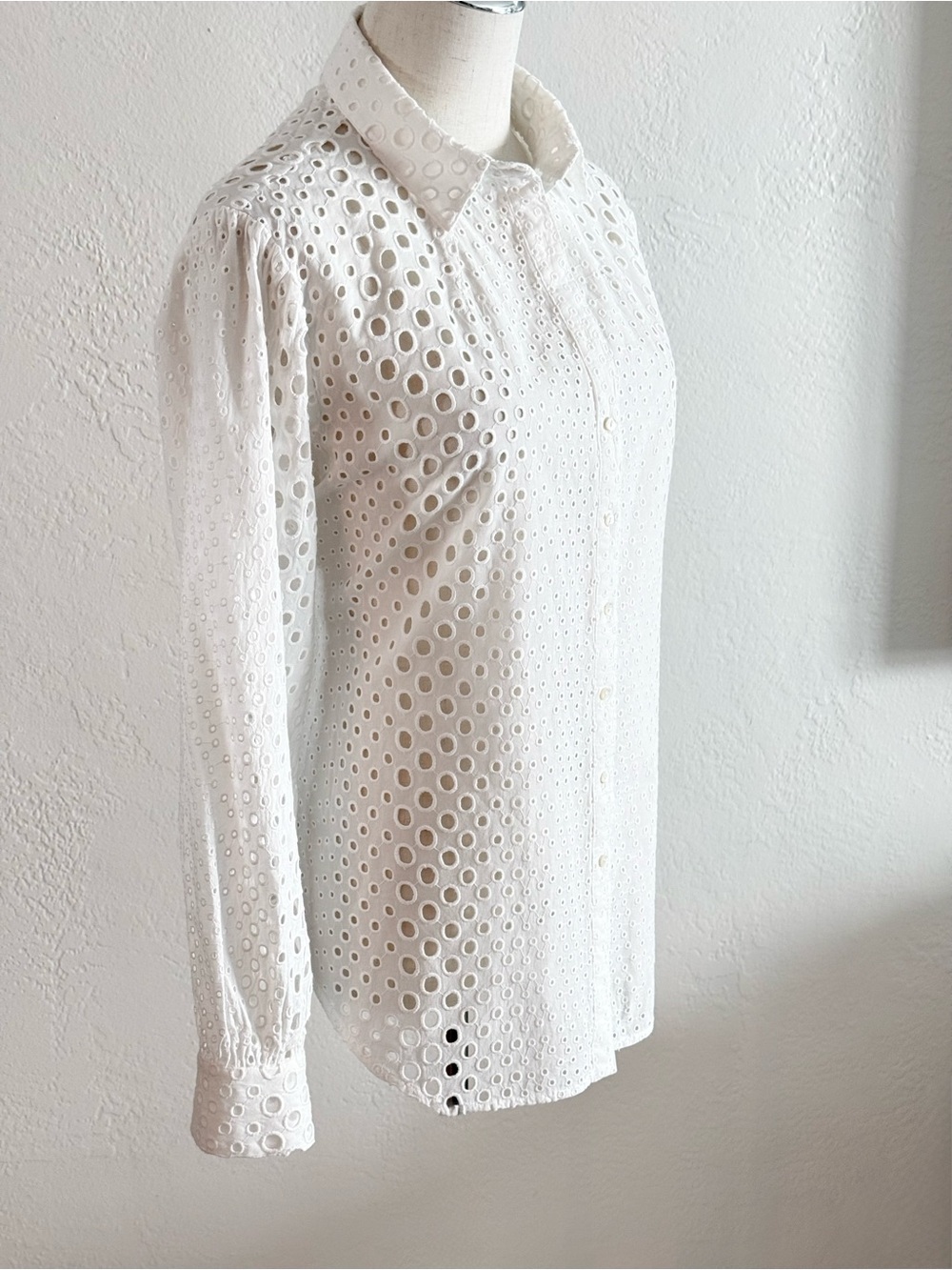 Nicole Miller Artelier White Pleated Puff Sleeve Eyelet Blouse M Cotton Boho - Picture 5 of 15